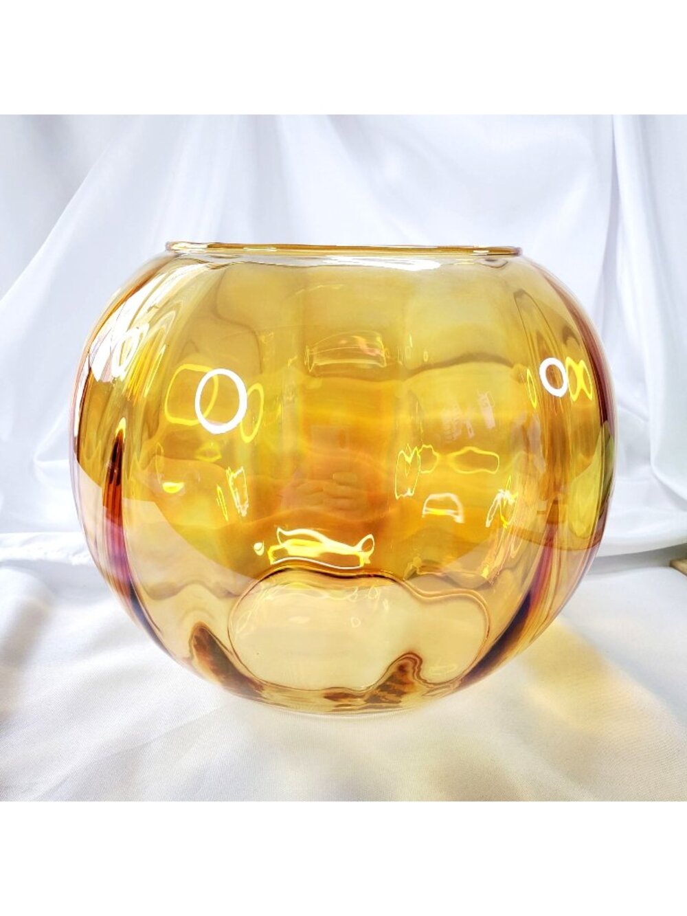 Amber Iridescent Orange Glass Bowl Vase 8" Wide 8" Tall Thanksgiving Fall Decor